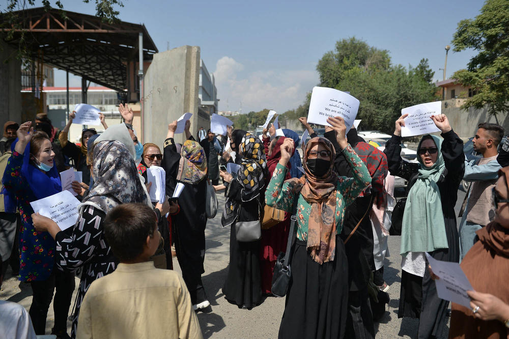 Afghan women take part in a protest march for their rights under Taliban rule in Kabul on Sept. 3.