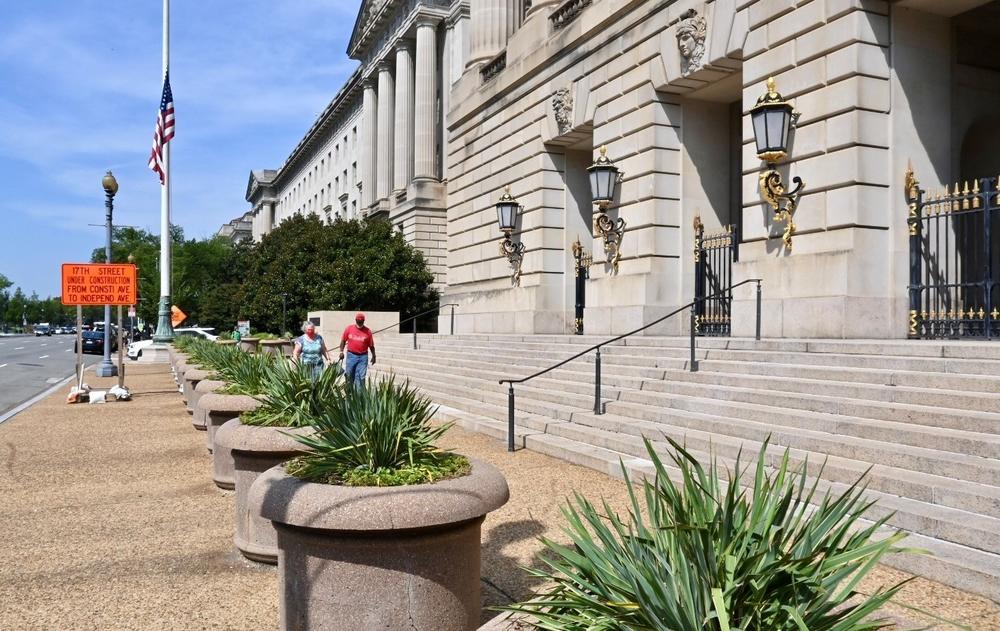 Heavy planters are seen on Constitution Avenue in Washington, D.C., between the Environmental Protection Agency and Commerce Department buildings.