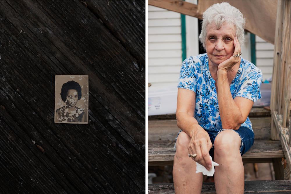 <strong>Left:</strong> A water-damaged old school picture of Annie Parfait at her home in Dulac. <strong>Right:</strong> Parfait sits for a portrait outside her home. During the storm she stayed at the tribe's headquarters, located in Houma.