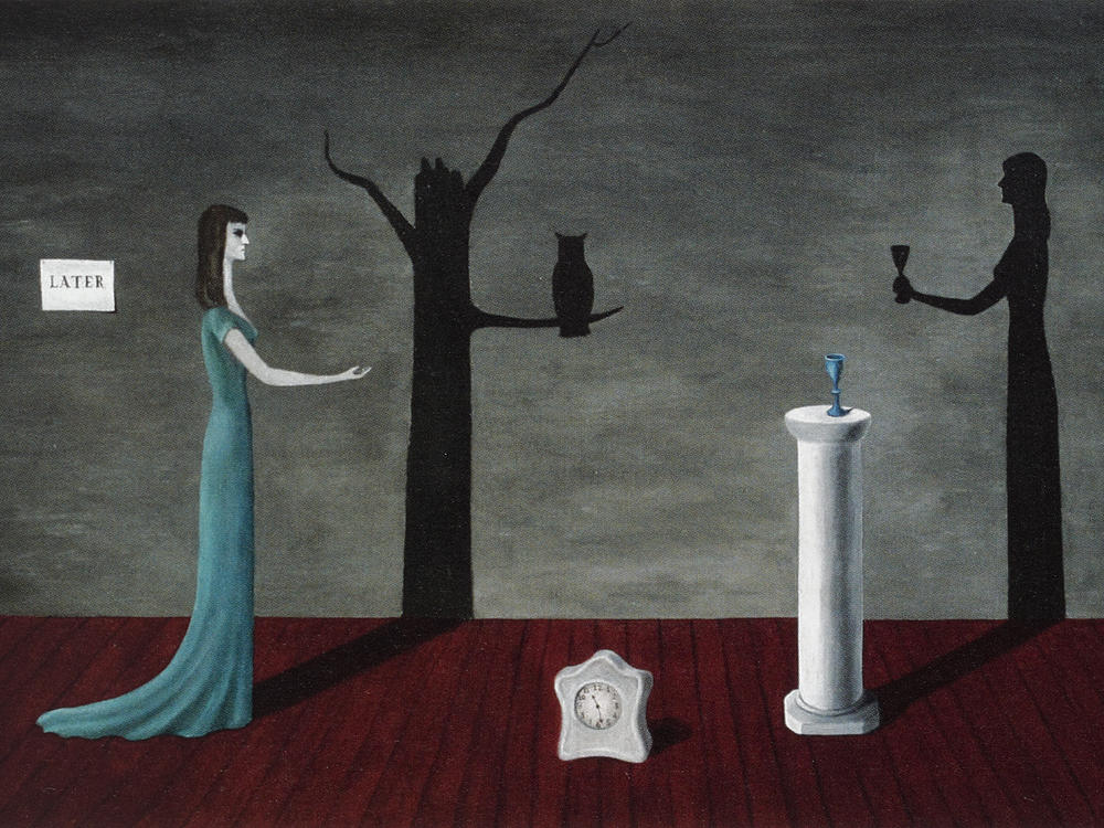 Gertrude Abercrombie's 1950 oil painting<em> Strange Shadows (Shadows and Substance)</em>. Digital capture of page 311 from the artist monograph. Publisher: Karma Books, New York. Publication © 2018 Karma Books, New York. Artwork © the artist. All rights reserved.
