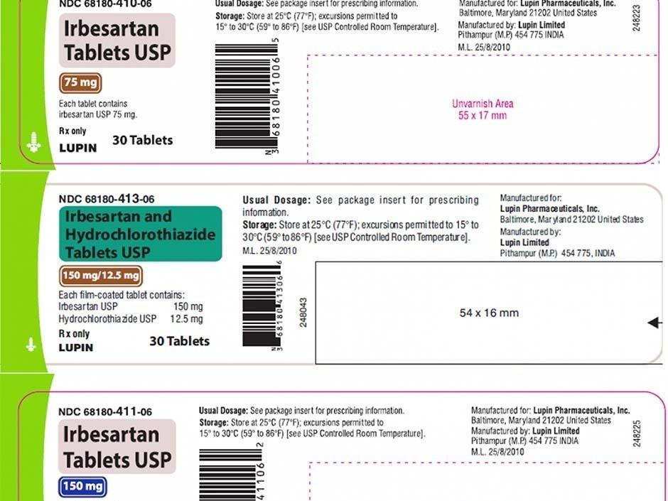 The FDA has released sample labels of some of the two recalled blood pressure medications — various dosages of irbesartan tablets and irbesartan and hydrochlorothiazide tablets.