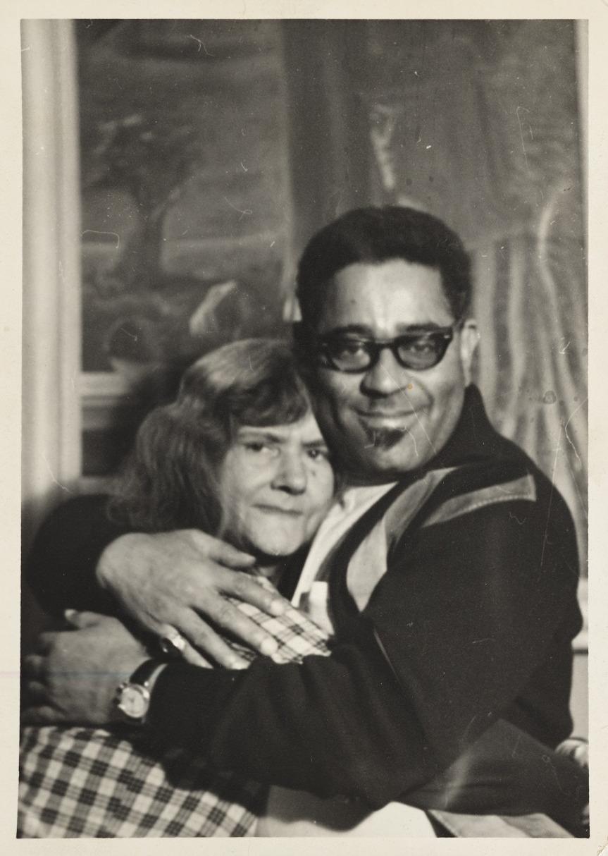 A photo of Gertrude Abercrombie and Dizzy Gillespie hugging on his birthday in 1940.
