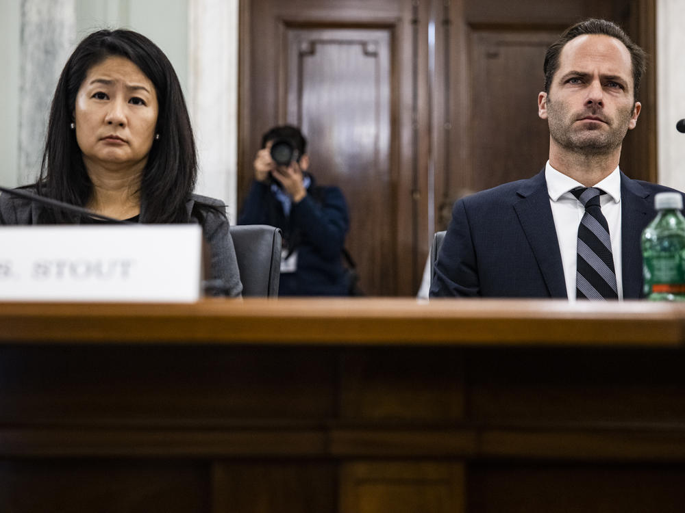 Jennifer Stout , left, vice president of global public policy at Snapchat parent Snap Inc., and Michael Beckerman, vice president and head of public policy at TikTok, testify before a Senate panel on Tuesday.