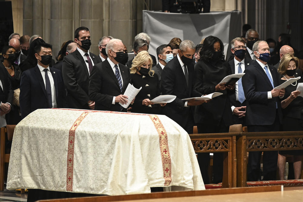 (Left to right) President Joe Biden and First Lady Dr. Jill Biden attend the service for former Secretary of State Colin Powell along with former President Barack Obama, former First Lady Michelle Obama, former President George W. Bush and former First Lady Laura Bush.