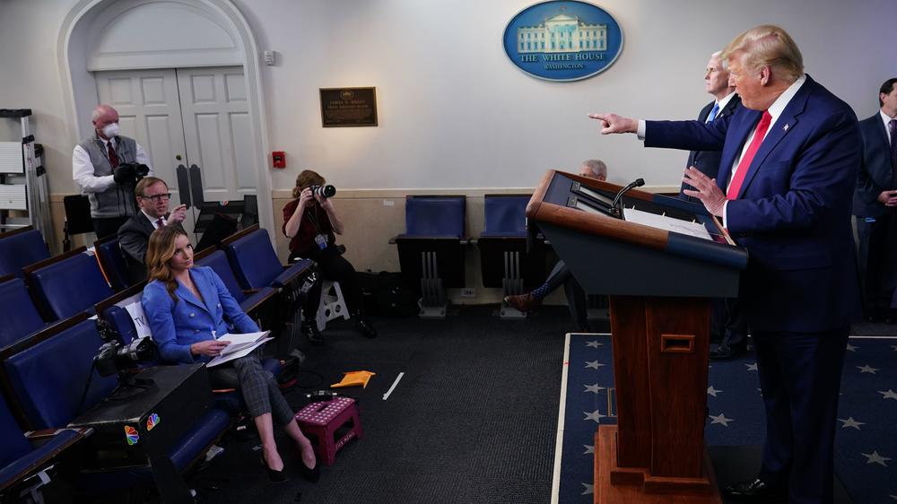 Then-President Donald Trump points to ABC News Chief White House Correspondent Jonathan Karl during the daily COVID-19 briefing at the White House on April 6, 2020, in Washington, D.C.