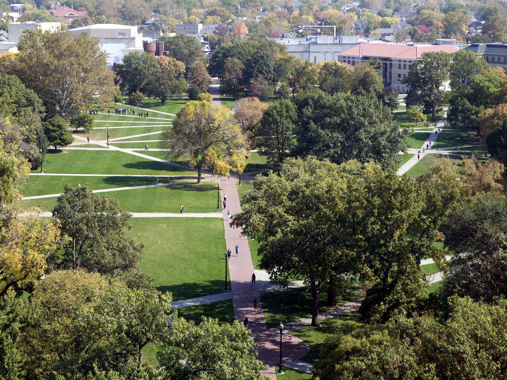 An aerial view of The Oval on the campus of the Ohio State University in Columbus, Ohio.