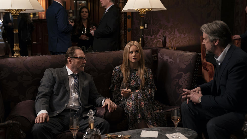 Willa (Justine Lupe, center) is not excited about finding herself between the conference organizer (Stephen Root) and Connor (Alan Ruck).