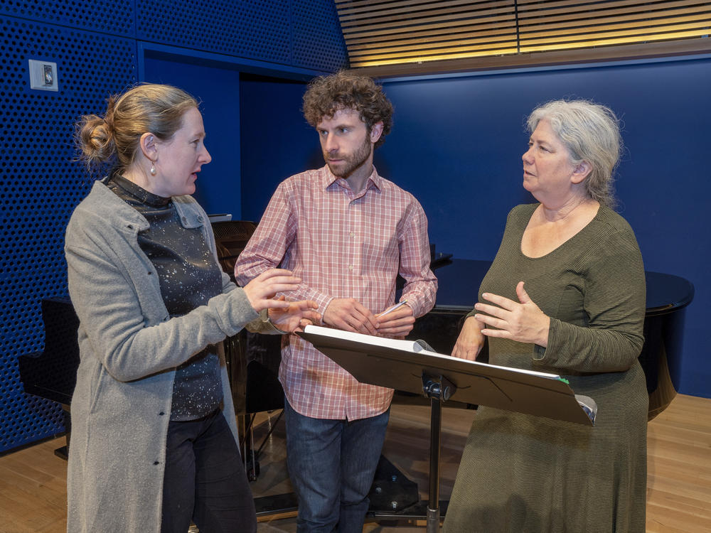 Sarah Ruhl (left), Matthew Aucoin, and Mary Zimmermann at the National Opera Center in 2019.