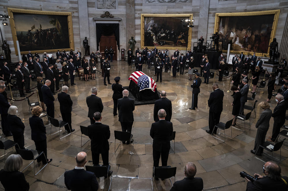 The casket of former Sen. Bob Dole arrives in the Rotunda of the U.S. Capitol building, where he will lie in state, on Capitol Hill on Dec. 9, 2021 in Washington, D.C. He ran for president three times and became the Republican nominee for president in 1996.