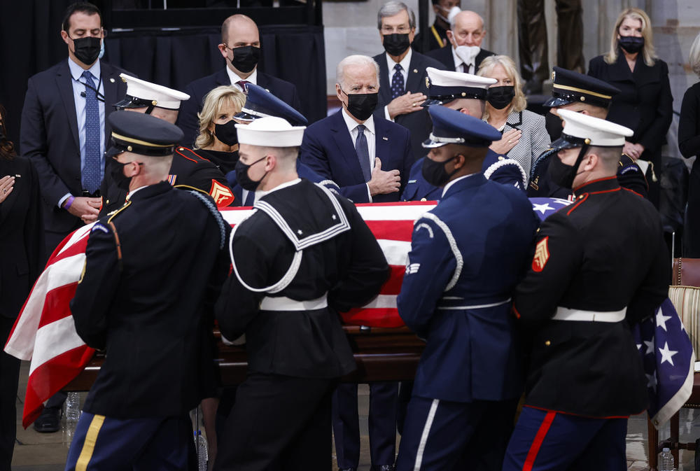 U.S. President Joe Biden and first lady Dr. Jill Biden pay their respects at the casket of former U.S. Senate Majority Leader Bob Dole (R-KS) as he lies in state in the Rotunda of the U.S. Capitol. The former Senate Majority Leader and Republican presidential nominee, will lie in state in the Capitol Rotunda all day before being taken to the National Cathedral for a funeral service.