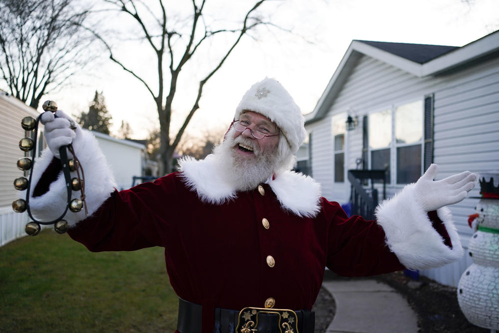 Santa entertainer Randyl Wagner in front of his home in Rochester Hills, Michigan.