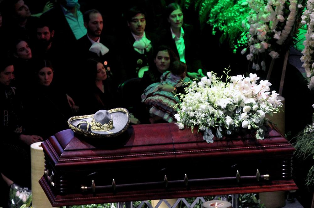 The coffin of Mexican singer Vicente Fernández is displayed during his funeral at 