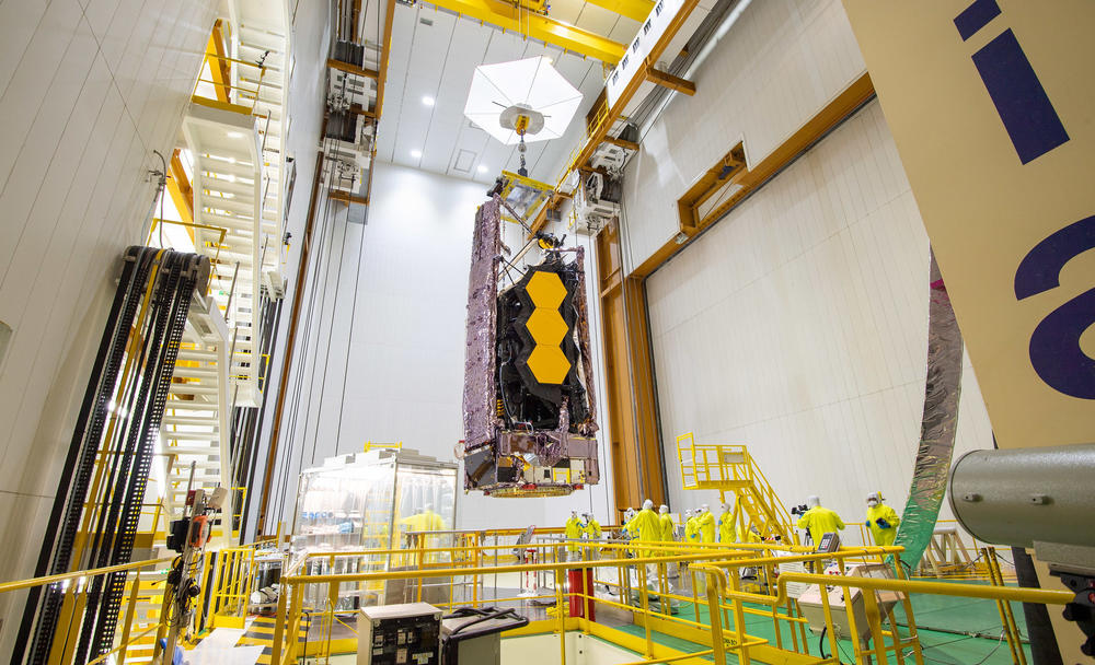 NASA's James Webb Space Telescope is secured on top of the Ariane 5 rocket that would go on to successfully launch it to space from Europe's Spaceport in French Guiana.