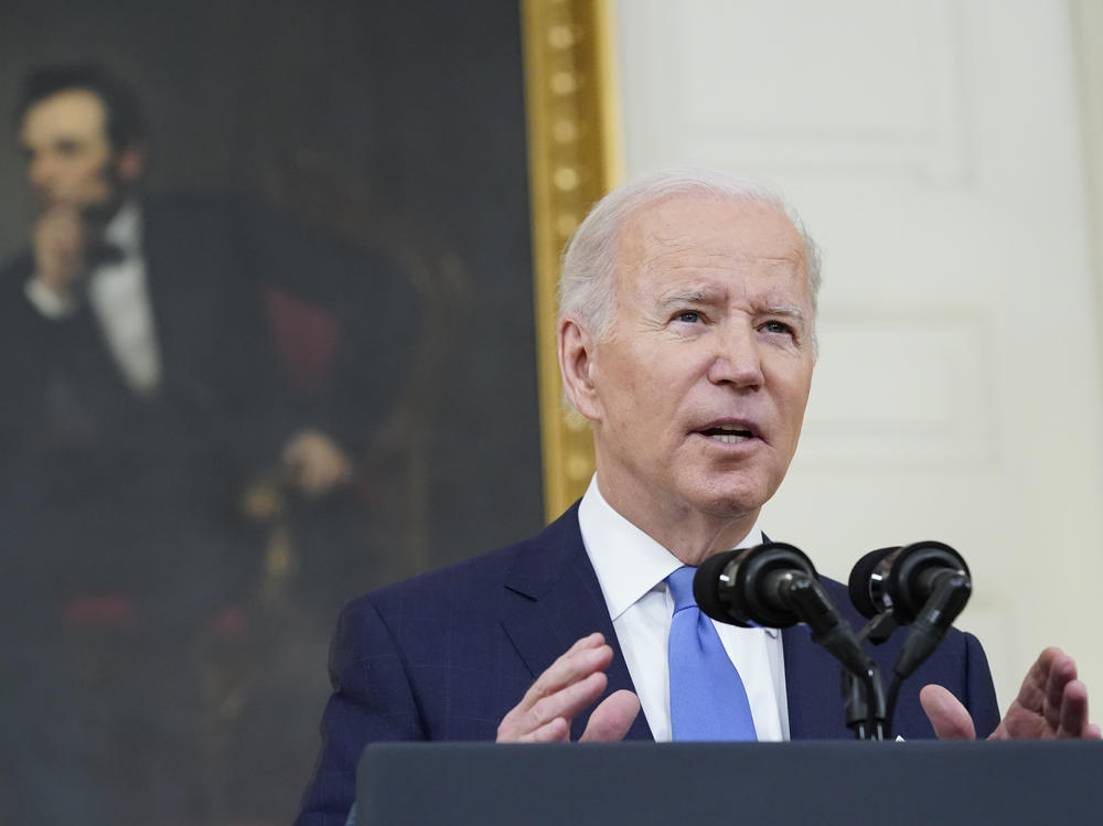President Joe Biden speaks about the COVID-19 response and vaccinations on Tuesday in the State Dining Room of the White House.