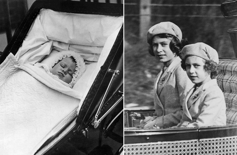 <strong>Left photo (October 9, 1926):</strong> Princess Elizabeth is pictured in her baby carriage for her first outing. <strong>Right photo (October 9, 1938):</strong> Princess Elizabeth and Princess Margaret ride in a carriage with the King and Queen to attend a morning service in Scotland.