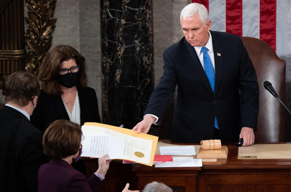 Vice President Mike Pence presides over a joint session of Congress on Jan. 6, 2021.
