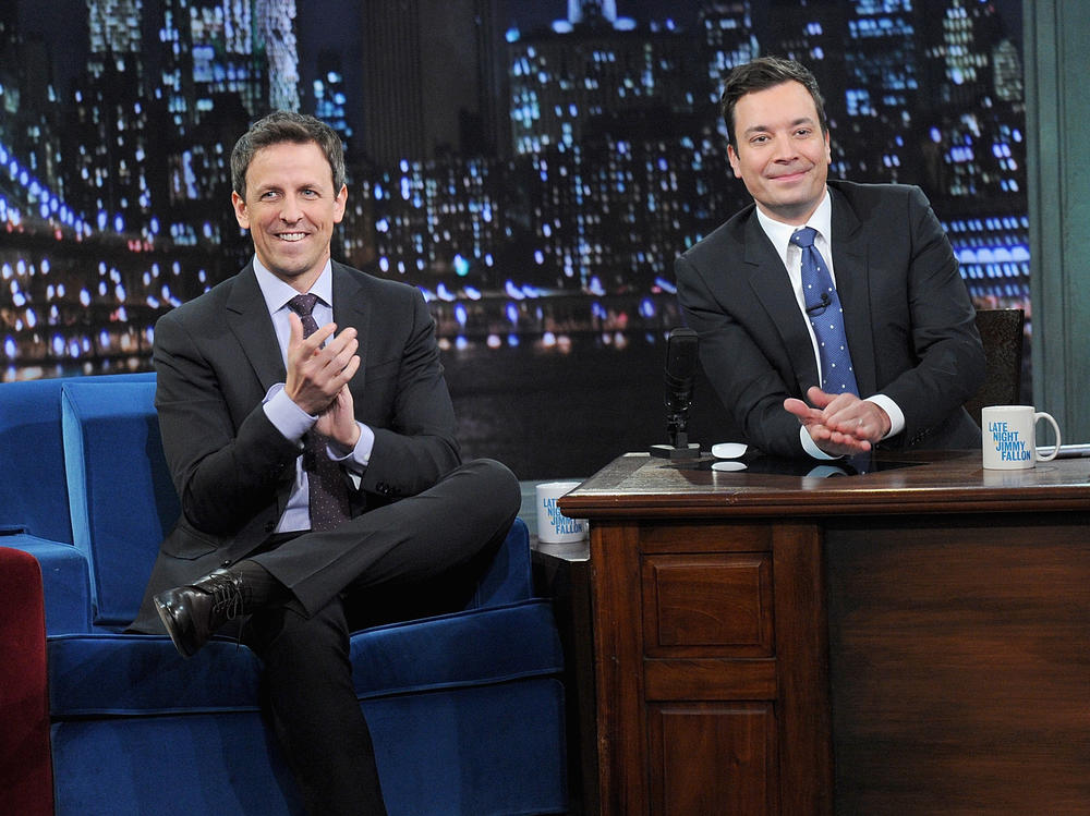 Seth Meyers and host Jimmy Fallon appear on <em>Late Night With Jimmy Fallon</em> on Jan. 28, 2014, in New York City.
