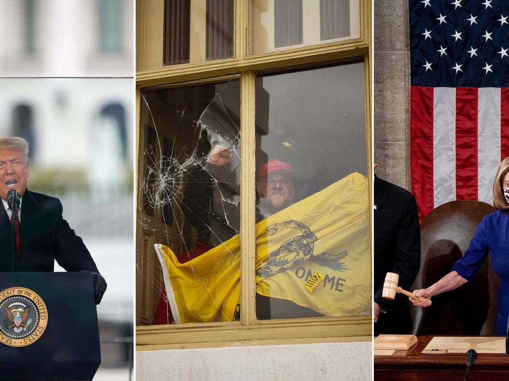 Left to right: President Donald Trump speaks at the Stop the Steal rally. A member of a pro-Trump mob shatters a window with his fist from inside the U.S. Capitol building after breaking in. House Speaker Nancy Pelosi presides over a joint session of Congress to certify the 2020 Electoral College vote count.