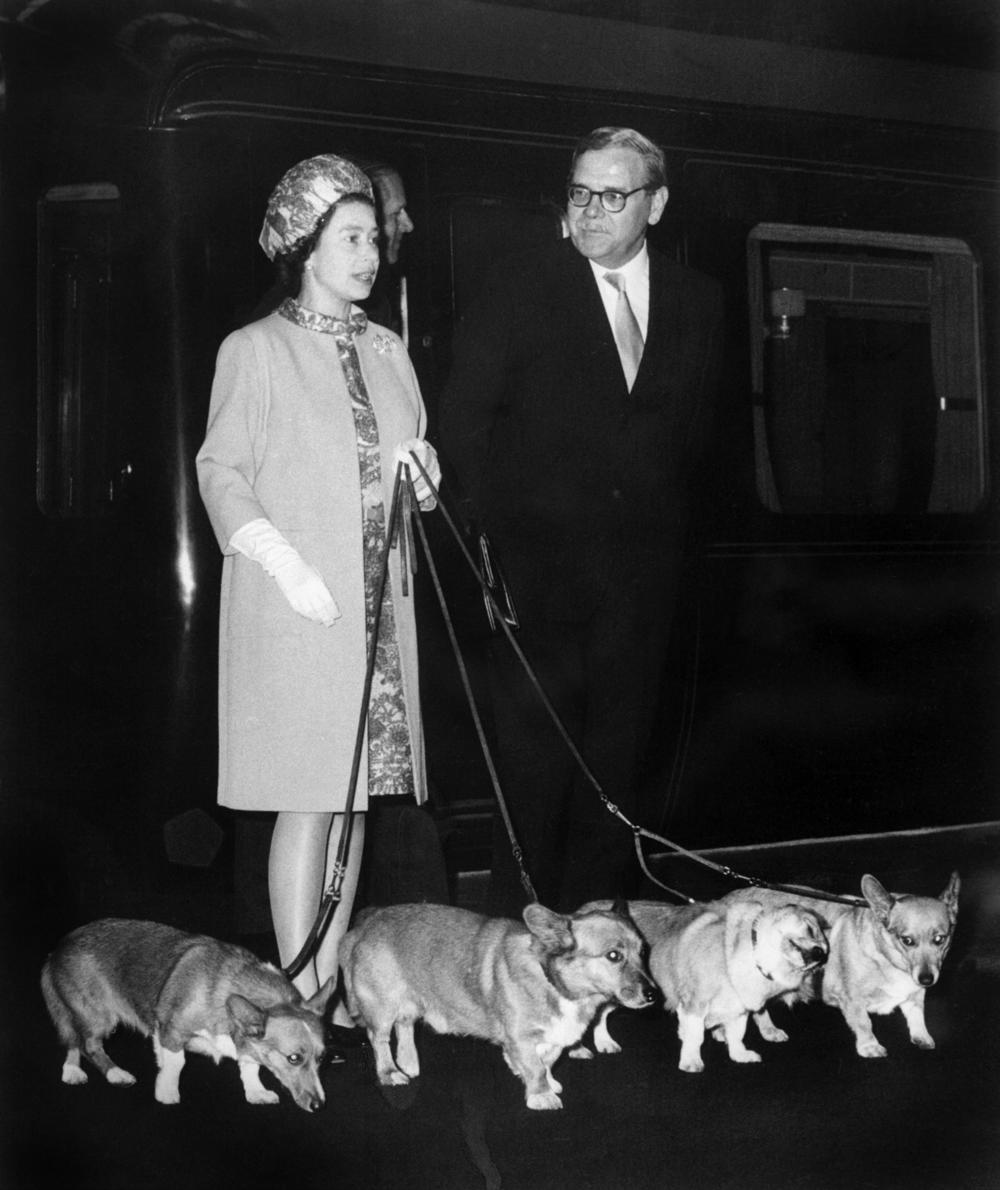 <strong>October 15, 1969:</strong> Queen Elizabeth II arrives at King's Cross railway station in London, England with her four Corgi dogs after holidays in Balmoral Castle and before welcoming at Buckingham Palace the American astronauts of Apollo 11 who walked on the moon.