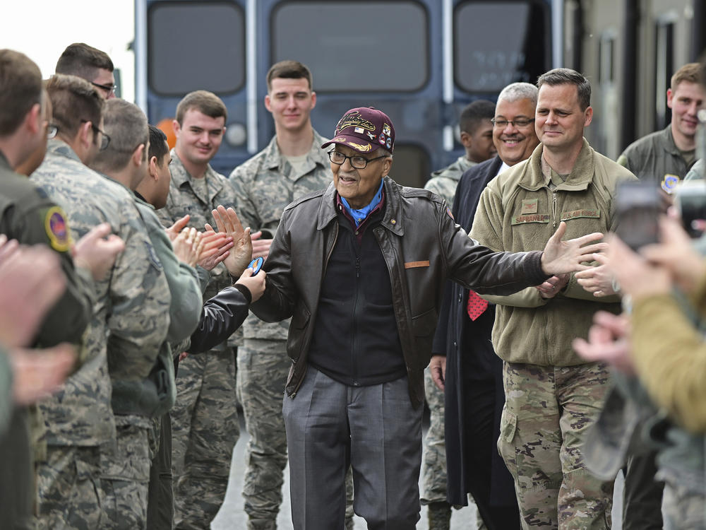 Charles McGee receives a congratulatory send off after visiting with 436 Aerial Port Squadron personnel at Dover Air Force Base to help celebrate his 100th birthday in Dover, Del., in 2019.