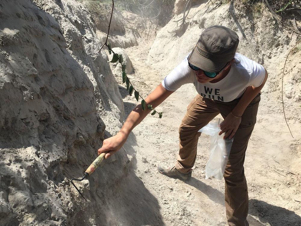 Céline Vidal uncovering the ash layer above Omo 1 remains at Omo-Kibish.