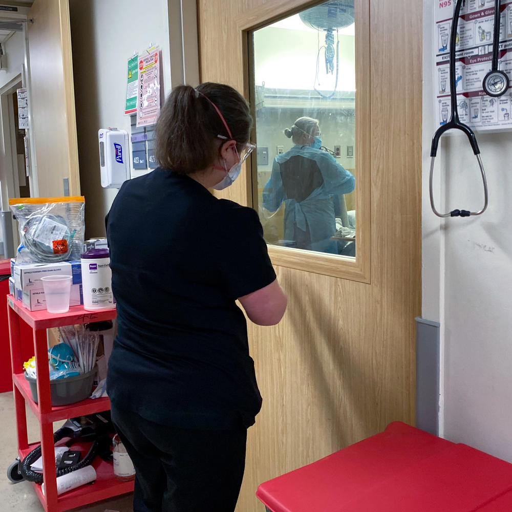 A health care worker peers into a COVID-19 patient's room at Harborview Medical Center in Seattle. Because the omicron variant generally seems easier on the lungs, a smaller proportion of patients are developing acute respiratory distress syndrome.