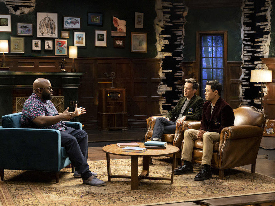 Ronald Young Jr., Ed Helms and Randall Park on <em>True Story With Ed & Randall.</em><em></em>