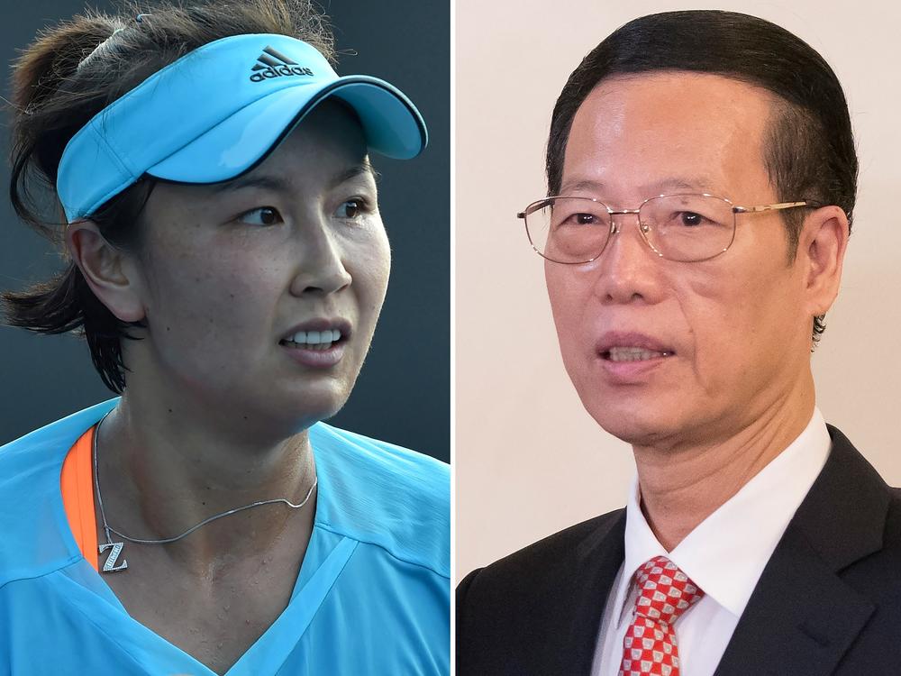 This combination of file photos shows tennis player Peng Shuai of China (L) during her women's singles first round match at the Australian Open tennis tournament in 2017; and Chinese Vice Premier Zhang Gaoli (R) during a visit to Russia in 2015