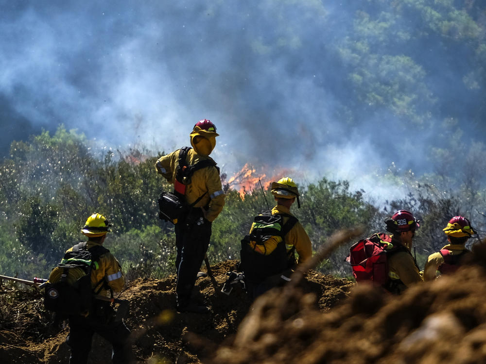 Firefighters watch as a wildfire burns on Thursday in Laguna Beach, Calif.