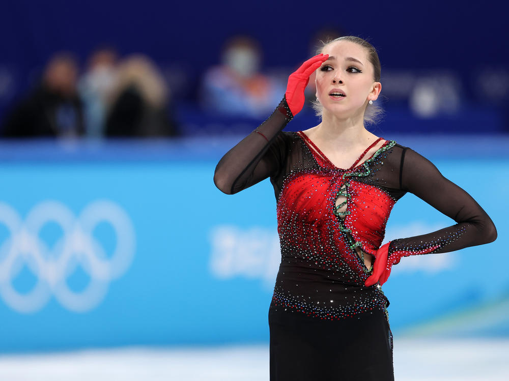 Kamila Valieva, of the Russian Olympic Committee team, reacts during the free skating team event at the Winter Olympics. Despite finishing first, Valieva and her teammates have yet to receive their medals.