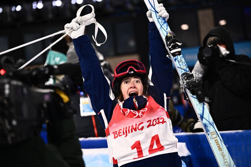 USA's Jaelin Kauf reacts as she sees her score in the freestyle skiing women's moguls final during the Beijing 2022 Winter Olympic Games at the Genting Snow Park A & M Stadium in Zhangjiakou on February 6, 2022.