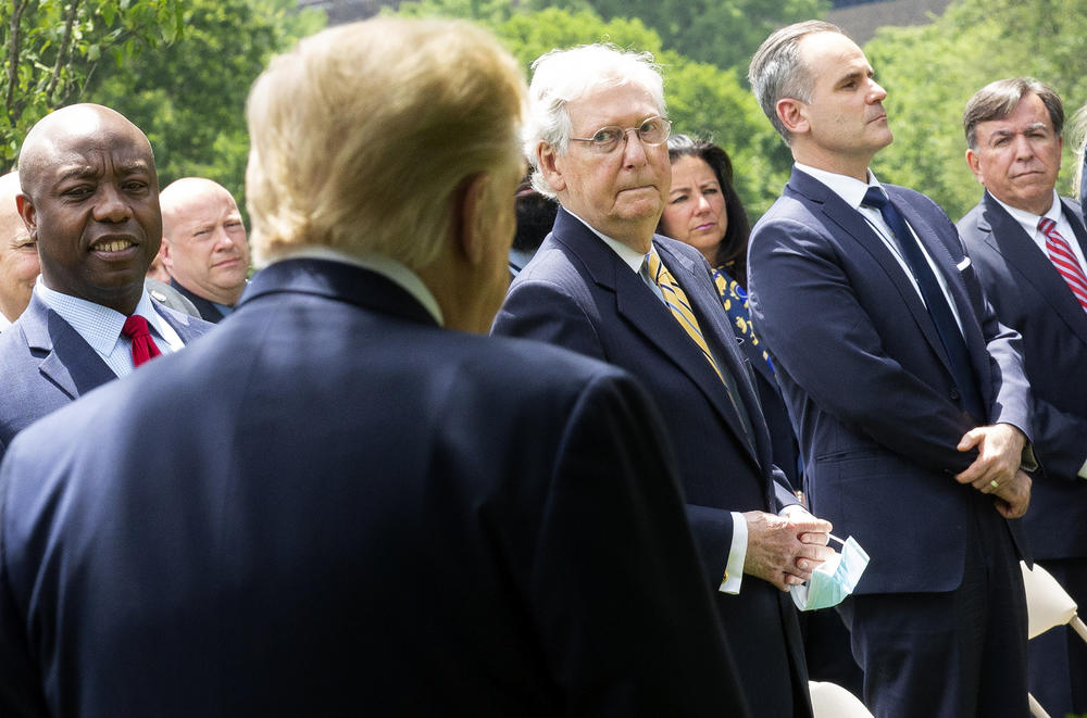 Senate Republican leader Mitch McConnell (center) looks toward President Donald Trump at the White House in 2020.