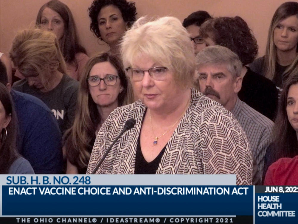 In this June 8, 2021, photo provided by the The Ohio Channel, Dr. Sherri Tenpenny speaks at a Ohio House Health Committee in Columbus, Ohio. The Cleveland-based osteopathic doctor testified that COVID-19 vaccines cause magnetism. 
