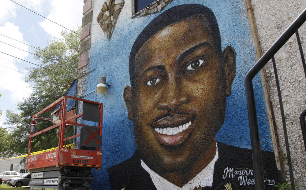 A mural depicting Ahmaud Arbery in Brunswick, Ga.