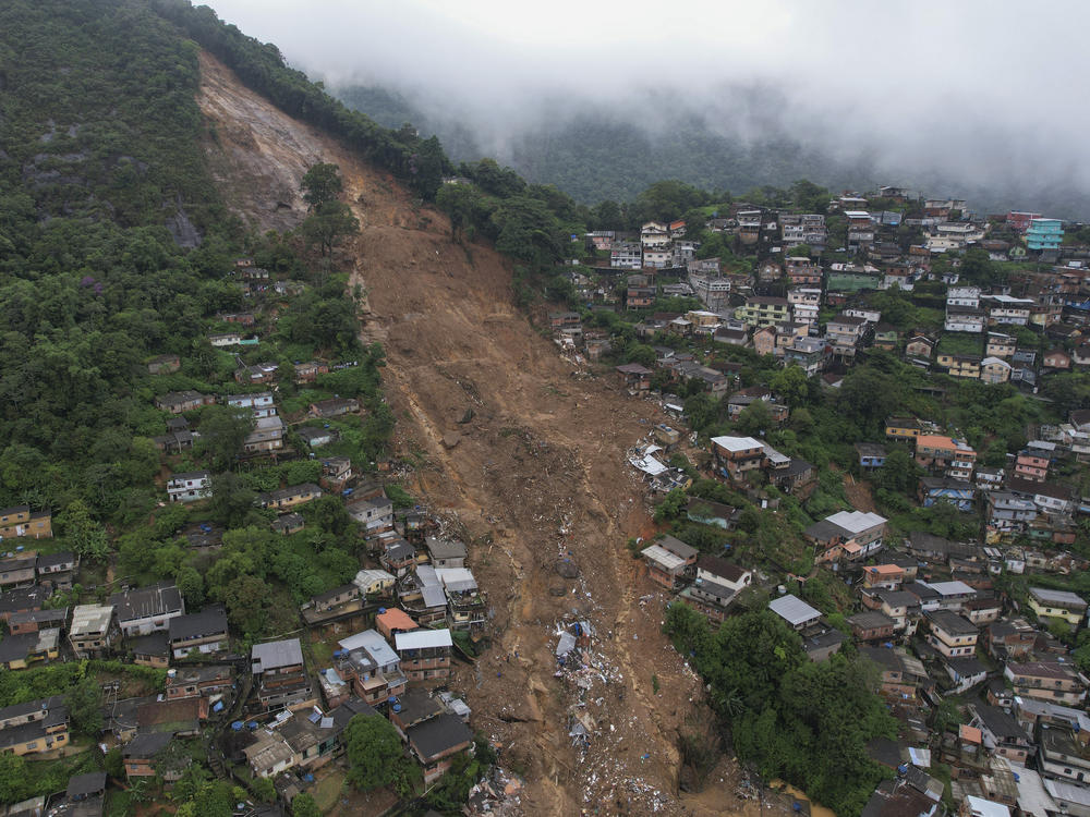 An aerial view shows a neighborhood affected by landslides in Petropolis, Brazil, on Wednesday.
