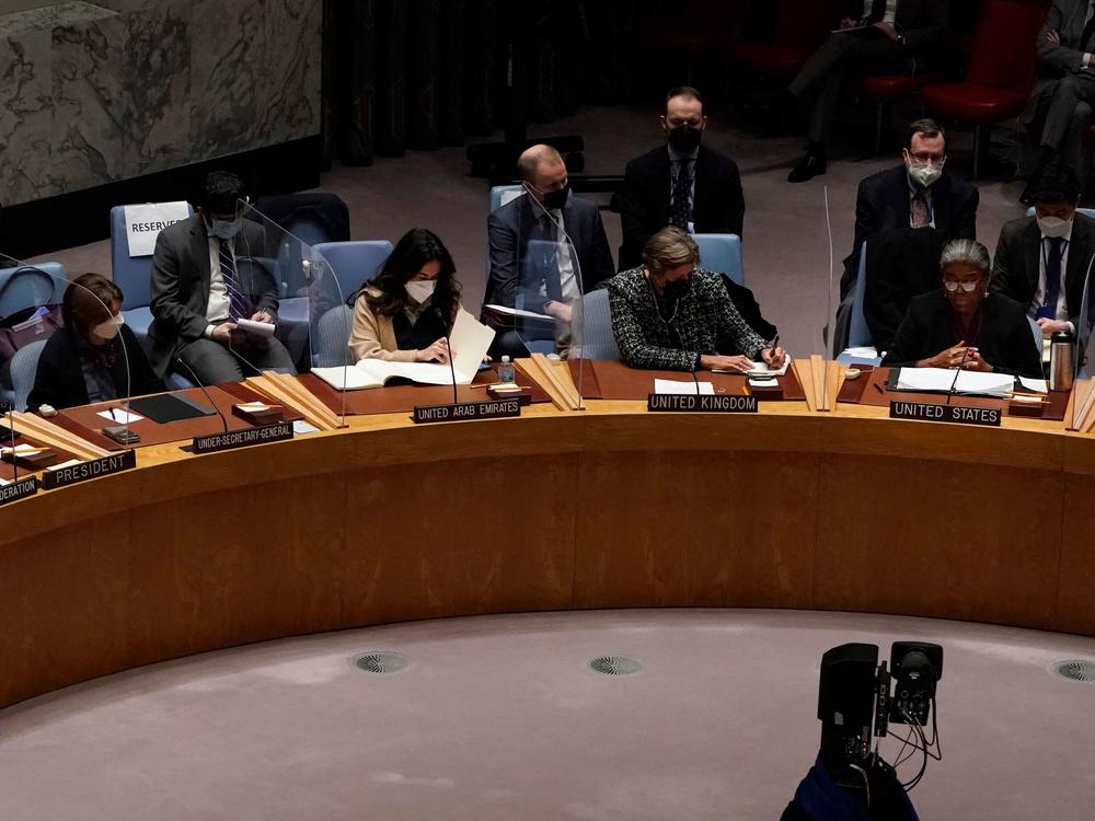 U.S. ambassador to the U.N., Linda Thomas-Greenfield, far right, speaks during an emergency meeting of the U.N. Security Council on the Ukraine crisis, in New York on Monday.