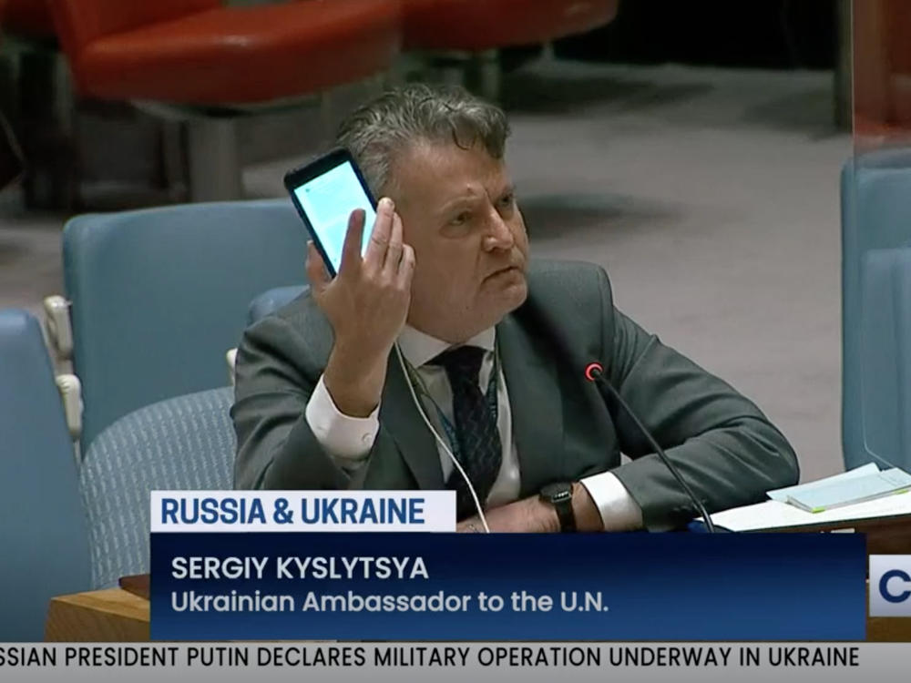 Ukrainian Ambassador to the United Nations Sergiy Kyslytsya raises his phone and shakes it toward the Russian representative, imploring him to call off the war.