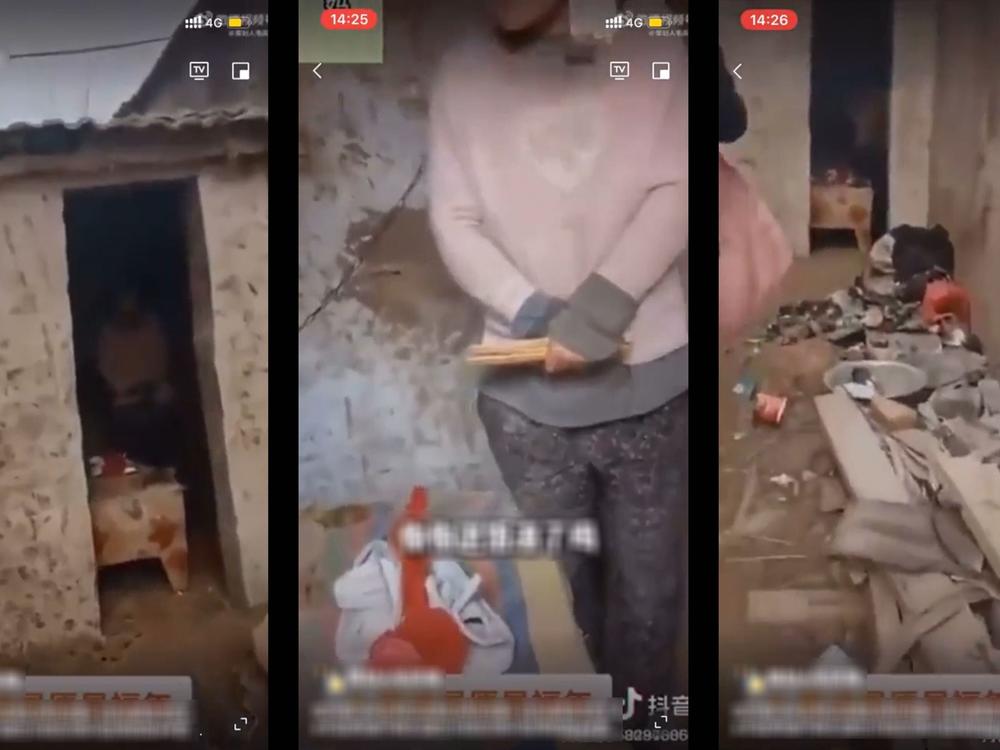 Three screen grabs from a video that recently went viral in China show a woman chained to a wall in a doorless shed in a rural Chinese village. The video has prompted a heated discussion about the trafficking of women.