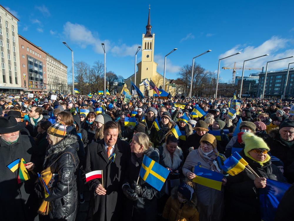 People take part in a demonstration in support of Ukraine at Freedom Square in Tallinn, Estonia, on Saturday.