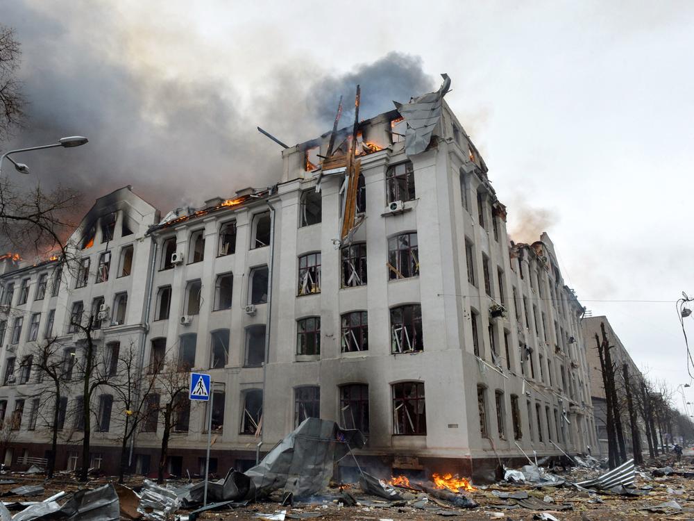The scene of a fire at the Economy Department building of Karazin Kharkiv National University in Ukraine, which was allegedly hit during recent shelling by Russia, on Wednesday.