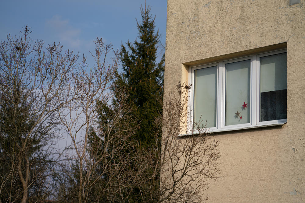 Stickers are seen on a window of an SOS Children's Village, where Ukrainians are staying, in Bilgoraj, Poland.