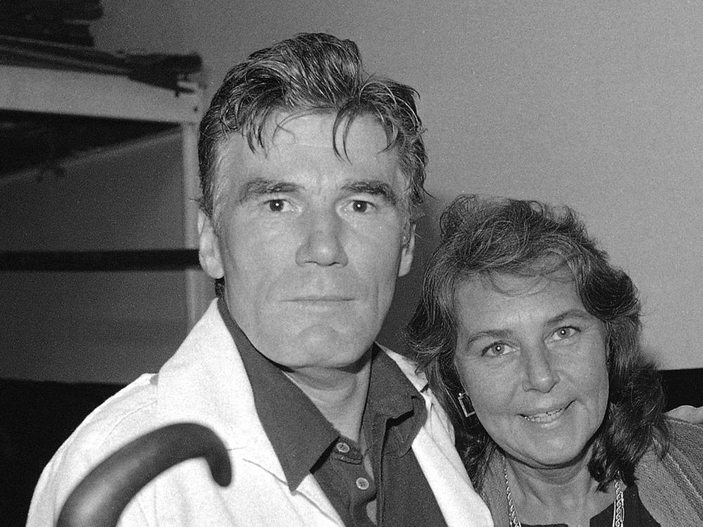 Actor Mitchell Ryan and Pamela Marvin backstage at the Playhouse Theatre in New York in July 1979, where he was starring in Arthur Miller's play 