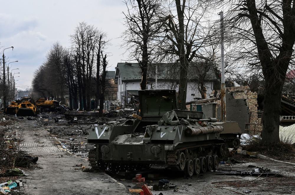 <strong>March 4:</strong> This general view shows destroyed Russian armored vehicles in the city of Bucha, west of Kyiv.