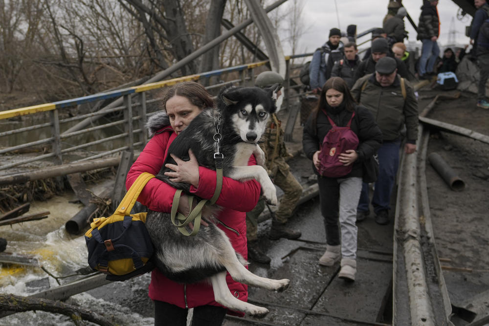 <strong>March 5:</strong> A woman holds a dog while crossing the Irpin river on an improvised path under a bridge that was destroyed by a Russian airstrike, while assisting people fleeing the town of Irpin, Ukraine.