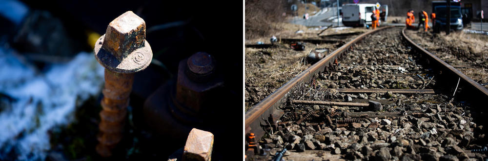 Left photo: Screws are used in the rail track. Right photo: The workers are digging by hand, using pick axes and rakes to drag out rocks that were first put down when the tracks were built in the 19th century.
