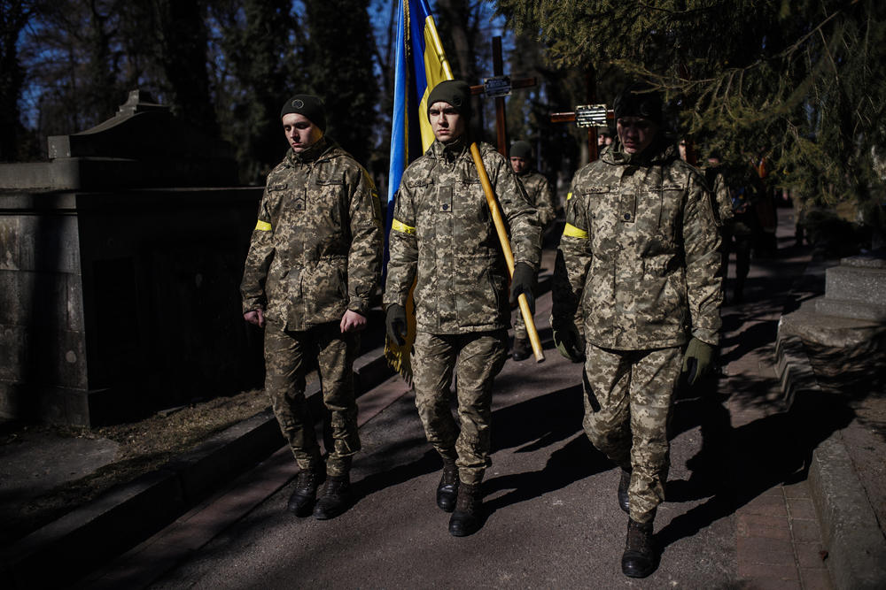 <strong>March 11:</strong> Funeral ceremony is held for three Ukrainian servicemen Taras Didukh (25), Andrii Stefanyshyn (39) and Dmytro Kabakov (58) in Lviv, Ukraine.