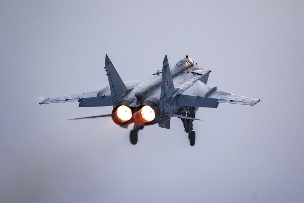 A MiG-31 fighter of the Russian air force takes off at an air base during military drills in Tver region, Russia, in a photo provided by the Russian Defense Ministry Press Service in February.