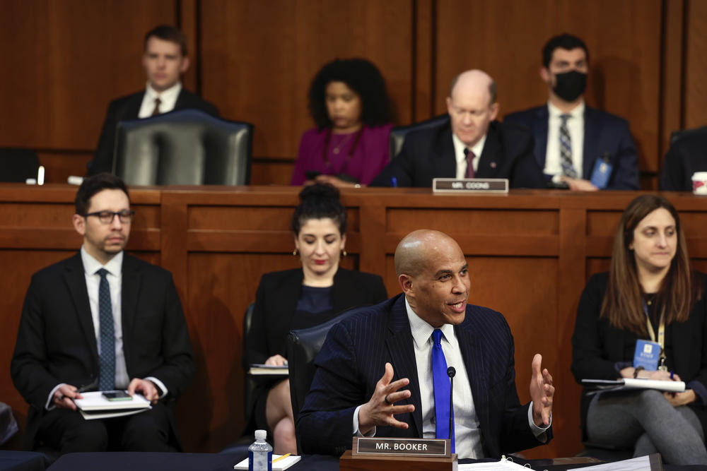 Sen. Cory Booker, D-N.J., delivers remarks during the Senate Judiciary Committee confirmation hearing for U.S. Supreme Court nominee Judge Ketanji Brown Jackson.