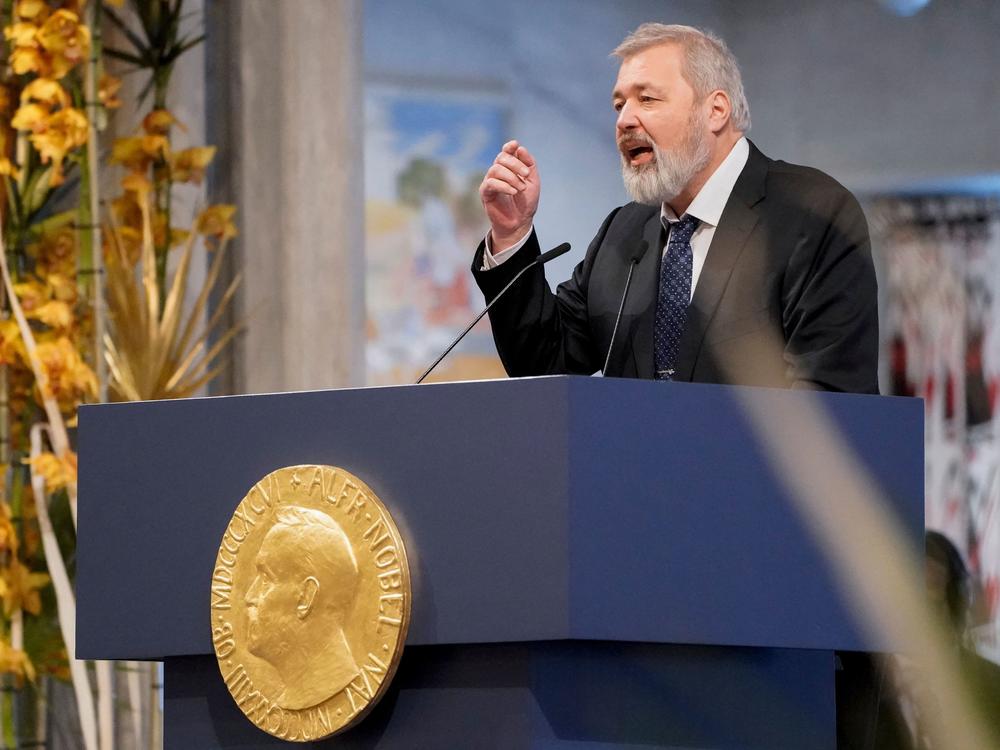 Nobel Peace Prize laureate Dmitry Muratov of Russia speaks during the gala award ceremony for the Nobel Peace prize on Dec. 10, 2021, in Oslo.