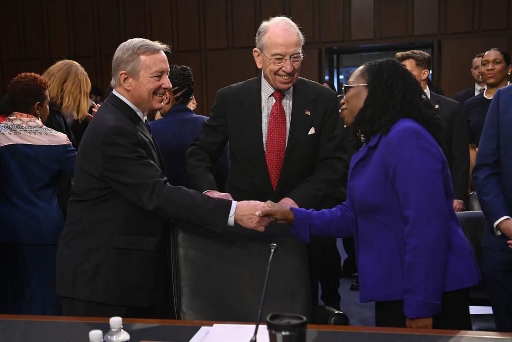 <strong>March 21:</strong> Senate Judiciary Committee Chairman Richard Durbin (D-IL) (left) shakes hands with Supreme Court nominee Judge Ketanji Brown Jackson as Ranking Member Sen. Charles Grassley (R-IA) looks on during her confirmation hearing in front of the Senate Judiciary Committee.